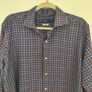 Peter Millar Long Sleeve Navy Plaid Shirt Winter Soft Twill Size Large Button Up